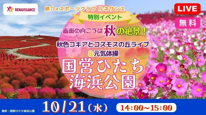 【無料:生中継】画面の向こうは秋の絶景!秋色コキアとコスモスの丘ライブ&元気体操<国営ひたち海浜公園>