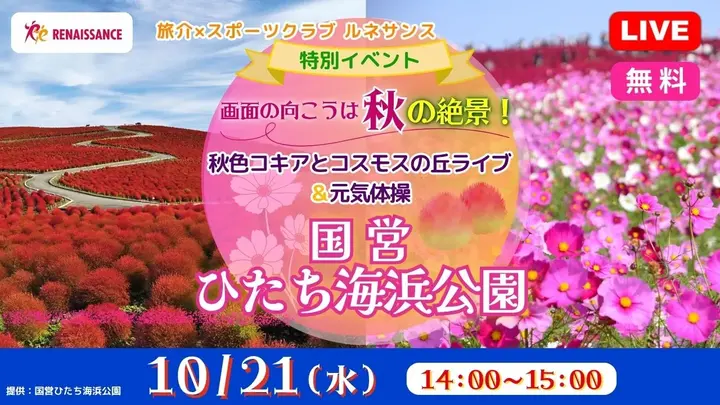 【無料:生中継】画面の向こうは秋の絶景!秋色コキアとコスモスの丘ライブ&元気体操<国営ひたち海浜公園>