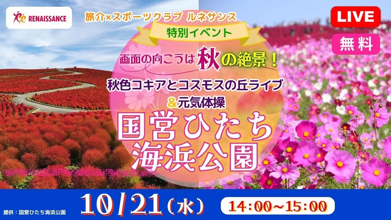 【無料:生中継】画面の向こうは秋の絶景!秋色コキアとコスモスの丘ライブ&元気体操<国営ひたち海浜公園>